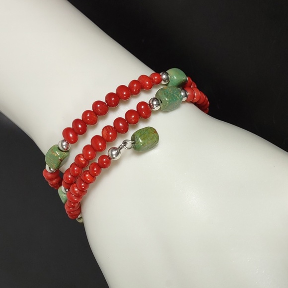 Coral/Turquoise/Sterling Silver Coil Bracelet - Picture 3 of 7